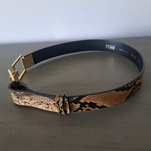 Gianfranco Ferre Italy Snakeskin Belt Unique Gold Metal Geometric Buckle VTG 90s main image 5